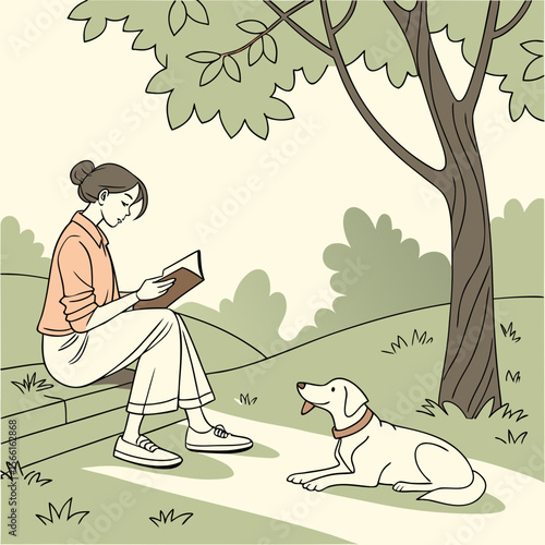 A woman reading a book while sitting on a ledge with a dog lying down next to her under a tree in a park