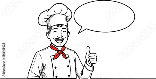 Happy chef giving thumbs up with speech bubble drawing for restaurant menu and food blog illustration