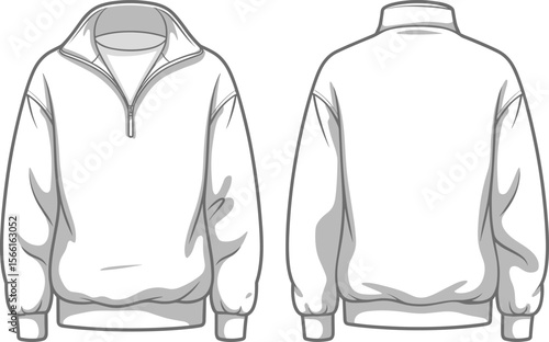 Quarter zip sweatshirt vector, pullover sweater front and back, half-zip fleece template, unisex jumper design, casual fashion sketch