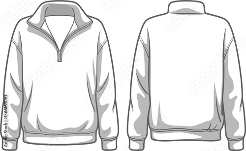 Half zip sweatshirt vector, fleece pullover front and back, casual jumper design, unisex fashion template, cozy outerwear sketch