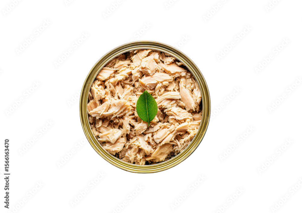 Canned tuna in a metal can, top view, with a green leaf Canned tuna in a metal can, top view, with a green leaf