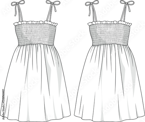 Smocked sundress flat sketch, frill top dress, bow strap sundress, gathered summer dress, front and back, women’s casual fashion