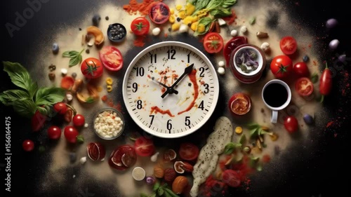 Wallpaper Mural A clock positioned in the center of the image, surrounded by an assortment of different types of food items such as fruits, vegetables, meats, and dairy products. Torontodigital.ca