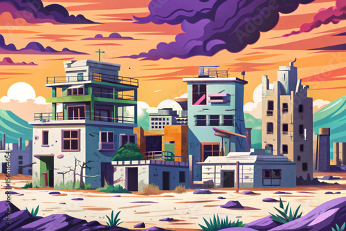 post-apocalyptic war zone featuring ruined buildings, smoke, and debris cartoon vector perfect dystopian game background or concept art for survival, sci-fi, and action theme