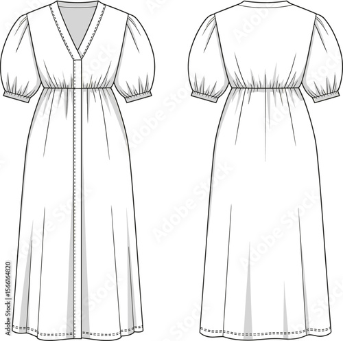 Puff sleeve maxi dress, gathered waist dress sketch, V-neck long dress, front and back fashion flat, technical garment drawing