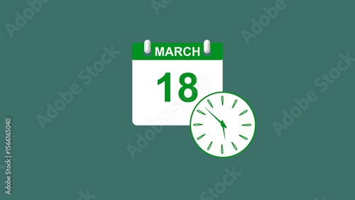 March month 18 date calendar icon clock lime green color 4k illustration.