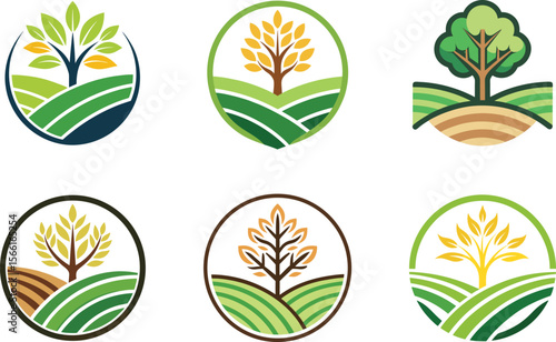 Various circular farm designs showcase an organic tree above rolling green hills, perfect for agriculture-related businesses and environmental organizations.