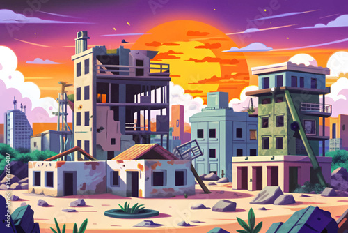 post-apocalyptic war zone featuring ruined buildings, smoke, and debris cartoon vector perfect dystopian game background or concept art for survival, sci-fi, and action theme