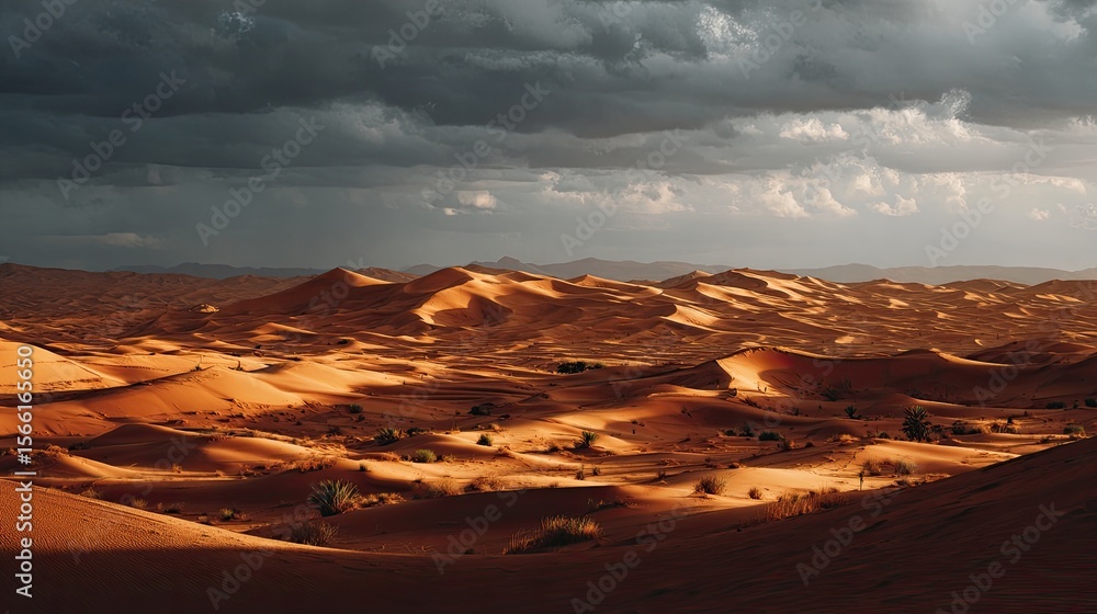 Naklejka premium Golden Desert Dunes Under Dramatic Sky