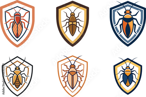 Colorful beetle designs on shields offering versatile design for logos, icons, or graphic elements focused on pest control.