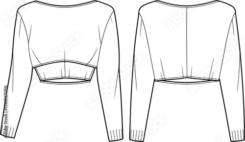 Women’s cropped long sleeve top, fashion sketch, contour seaming shirt, technical flat, rib cuff top, fitted design, vector outline