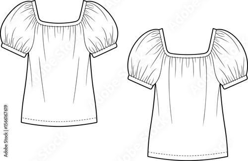 Puff sleeve blouse sketch, square neckline top, fashion flat vector, women’s top technical drawing, short sleeve shirt outline design
