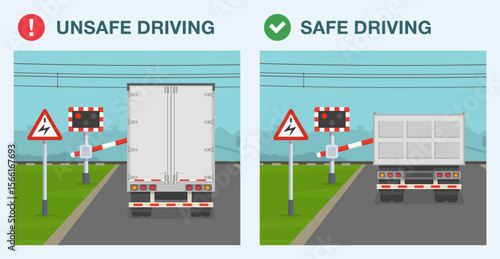 Safe driving tips and traffic regulation rules. Unsafe and safe driving. Overhead cables ahead sign area. Back view of a truck at level crossing. Flat vector illustration template.