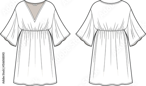 Kaftan dress flat sketch, fashion technical drawing, V-neck loose dress, flowy sleeve kaftan, garment illustration, women’s resort wear