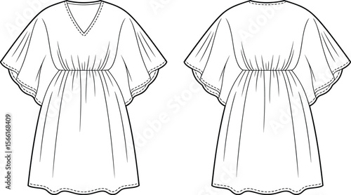 Kaftan dress sketch, technical fashion drawing, V-neck kaftan, loose dress flat, gathered waist, fashion illustration, flowy sleeve dress