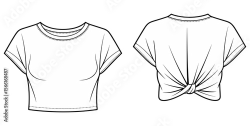 Twist-back crop top, women’s fashion template, flat sketch vector, short sleeve t-shirt, back knot tee, front and back view