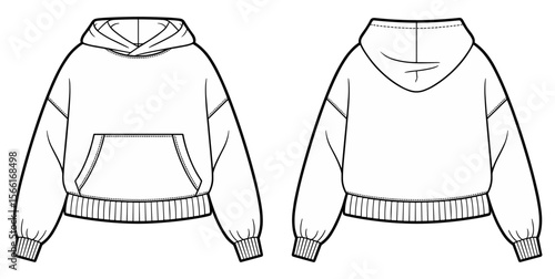 Cropped hoodie template, vector fashion sketch, drawstring hoodie, ribbed cuffs and hem, front and back view, technical garment flat