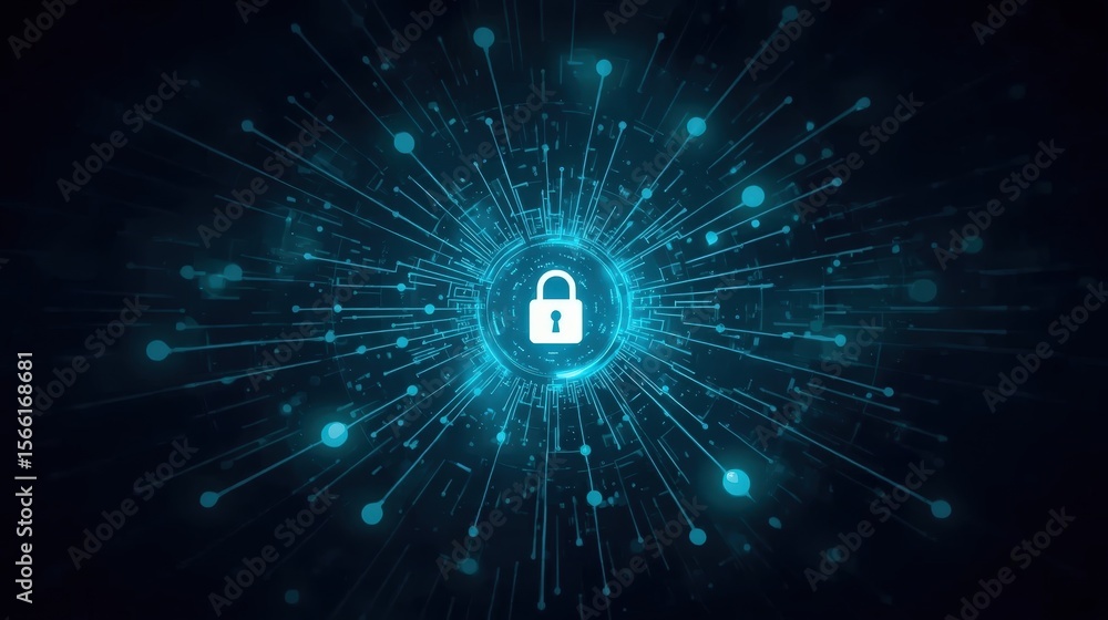 Fototapeta premium Abstract Cyber Security Concept with Glowing Padlock and Digital Network Connections