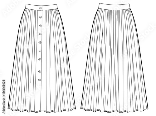 Button-front midi skirt fashion flat, gathered waist skirt vector, front and back view, technical drawing, women’s skirt outline, boho skirt