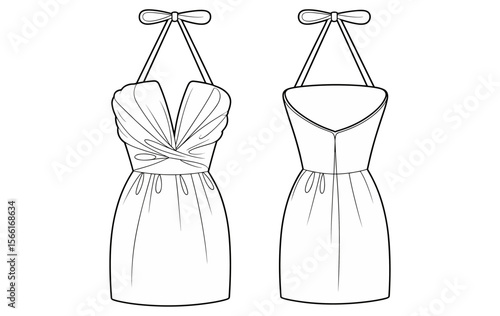 Halter mini dress technical flat sketch, front and back view, women’s evening wear, ruched bodice design, fashion drawing, cocktail dress vector