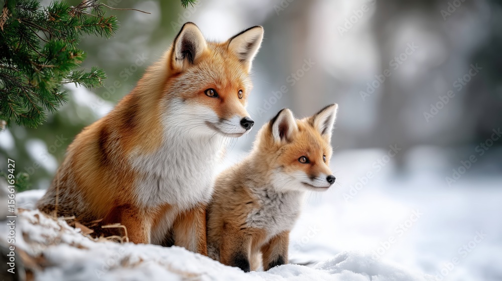 Obraz premium Red fox mother and cub sitting together in winter snow