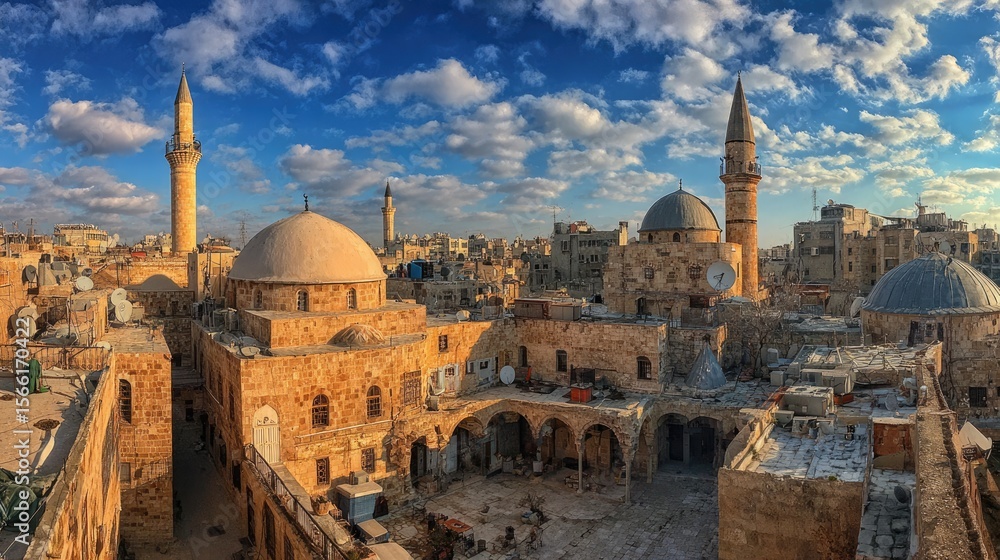 Naklejka premium Golden Hour Panorama of a Middle Eastern City with Mosques