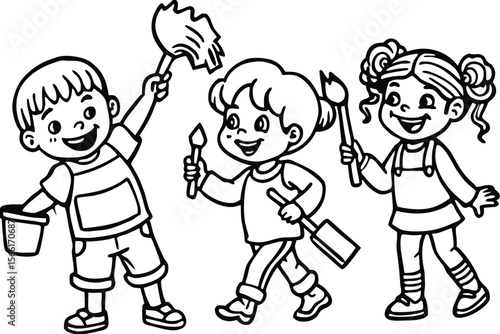 Diverse group of children enthusiastically painting and creating art together