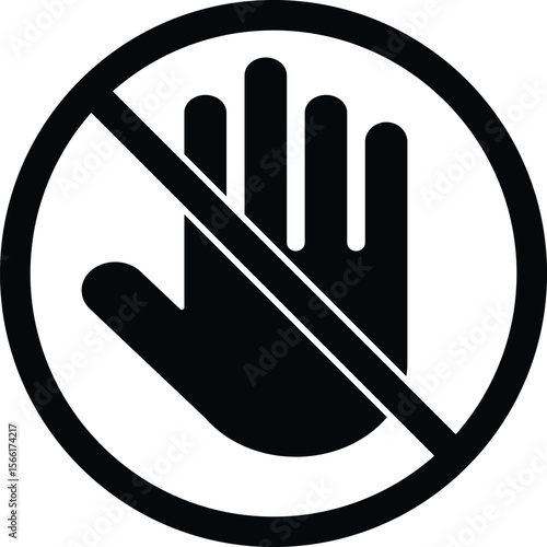 Dont stop sign. Pforbidden sign. Hand prohibit. Forbidden access. Symbol ban entry. black circle and black palm isolated on white background. Halt warning pictogram. Vector illustration
