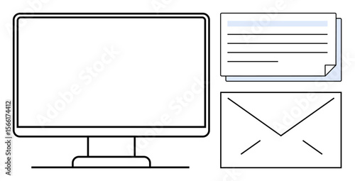 Computer monitor, stack of documents, and envelope symbolizing communication, email, and document sharing. Ideal for messaging, work, collaboration, technology business office tasks simple flat