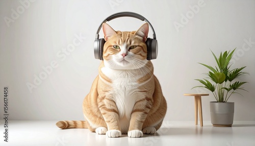 ヘッドホンを付けて音楽を聴いている猫