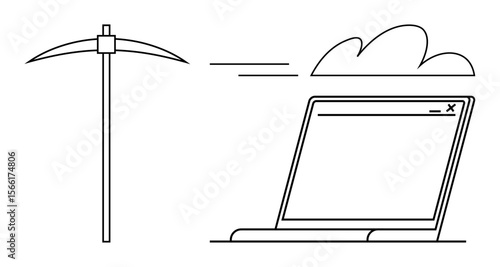 Pickaxe, laptop with open browser window, and cloud symbolizing digital mining, technology integration, and data storage. Ideal for data mining, technology, innovation, cloud software internet