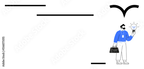 Professional man holding glowing light bulb. Flying bird above and abstract linear design. Ideal for innovation, problem-solving, leadership, creativity, personal growth, inspiration, simple flat