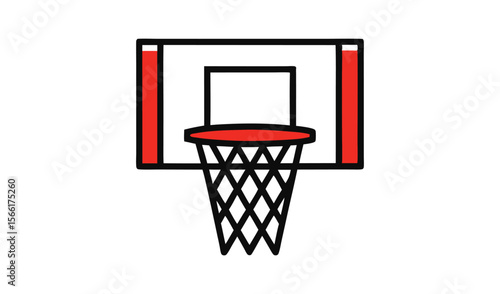 Simple illustration of a basketball hoop with a black net and red accents against a white background