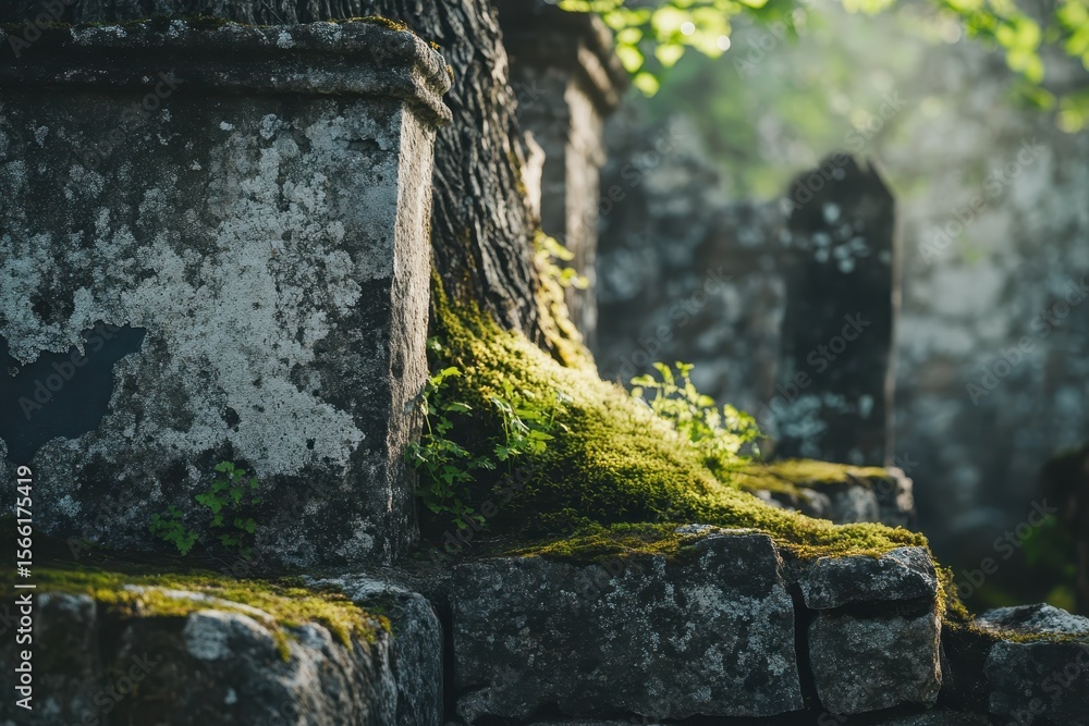 Obraz premium Ruined stone structure entwined with an old tree and covered in moss illuminated by soft sunlight, Ruined Stone Structure Next To An Old Tree Covered With Moss Parallax Shot