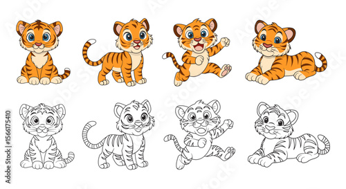 Coloring page for kids cute baby tiger cub. A set of vector illustrations of a tiger in different poses.