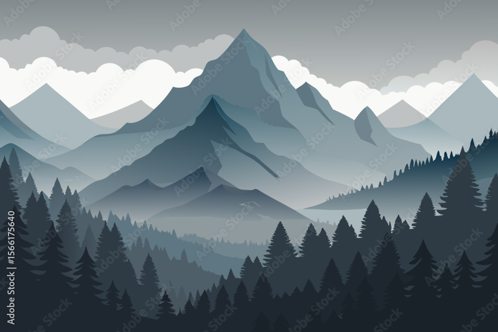 Fototapeta premium Majestic Mountain Landscape with Pine Forest in Misty Blue Tones – Vector Nature Illustration