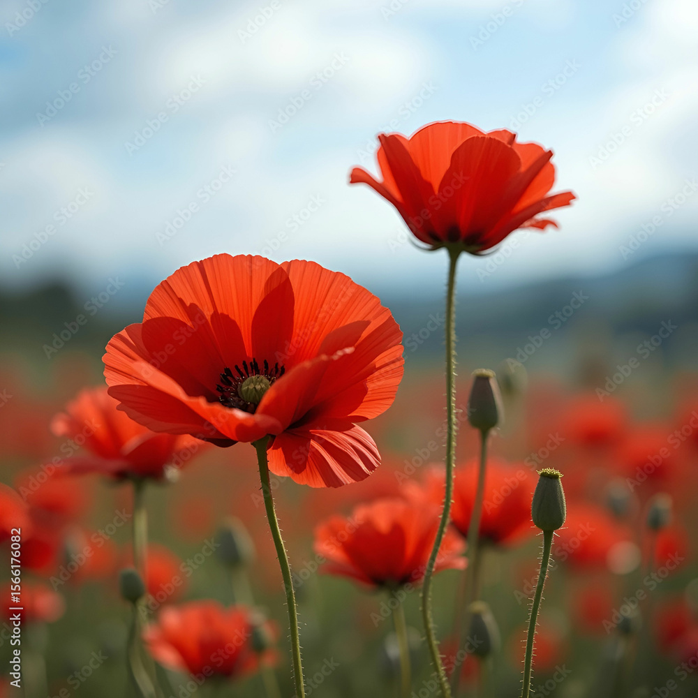 Naklejka premium Close-up of vibrant red poppies, highlighting their delicate petals, rich color.