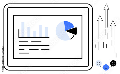 Tablet showing bar graph, pie chart, and text arrows indicating growth, emotive happy faces. Ideal for trends, analytics, progress, feedback technology statistics and strategy. Simple flat