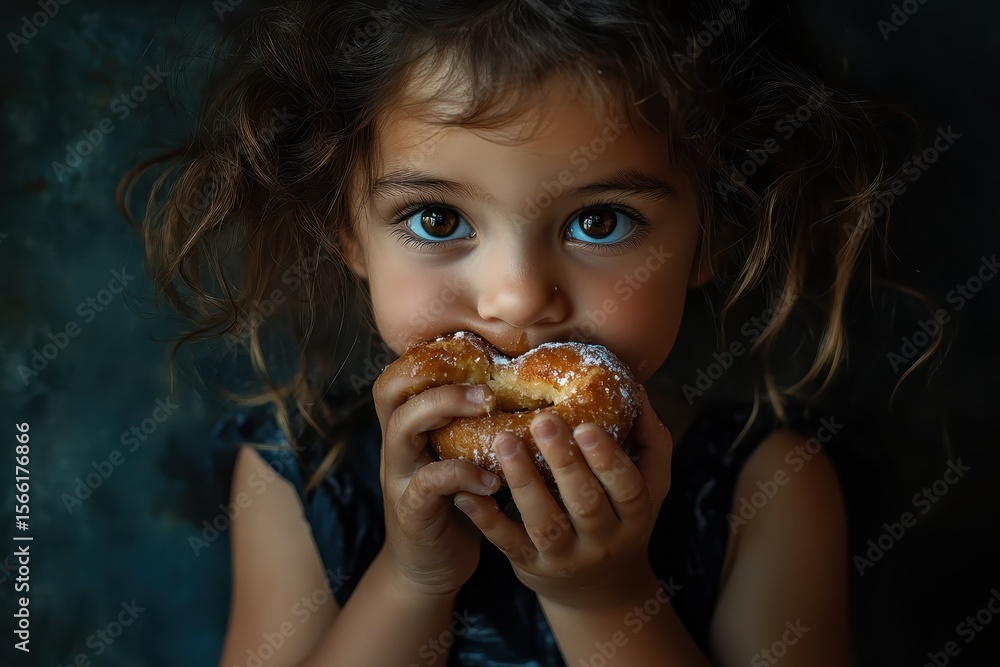 Naklejka premium Little girl excitedly enjoying a sweet treat with a joyful expression on her face, Child little girl portrait greedily eating sweet donuts stuffing her mouth full