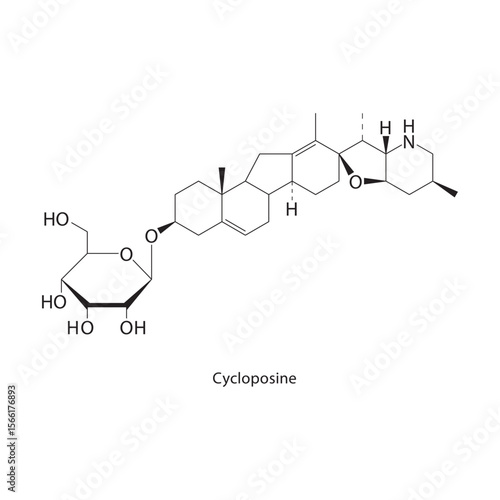 Cycloposine skeletal structure. Alkaloid compound schematic illustration. Simple diagram, chemical formula.