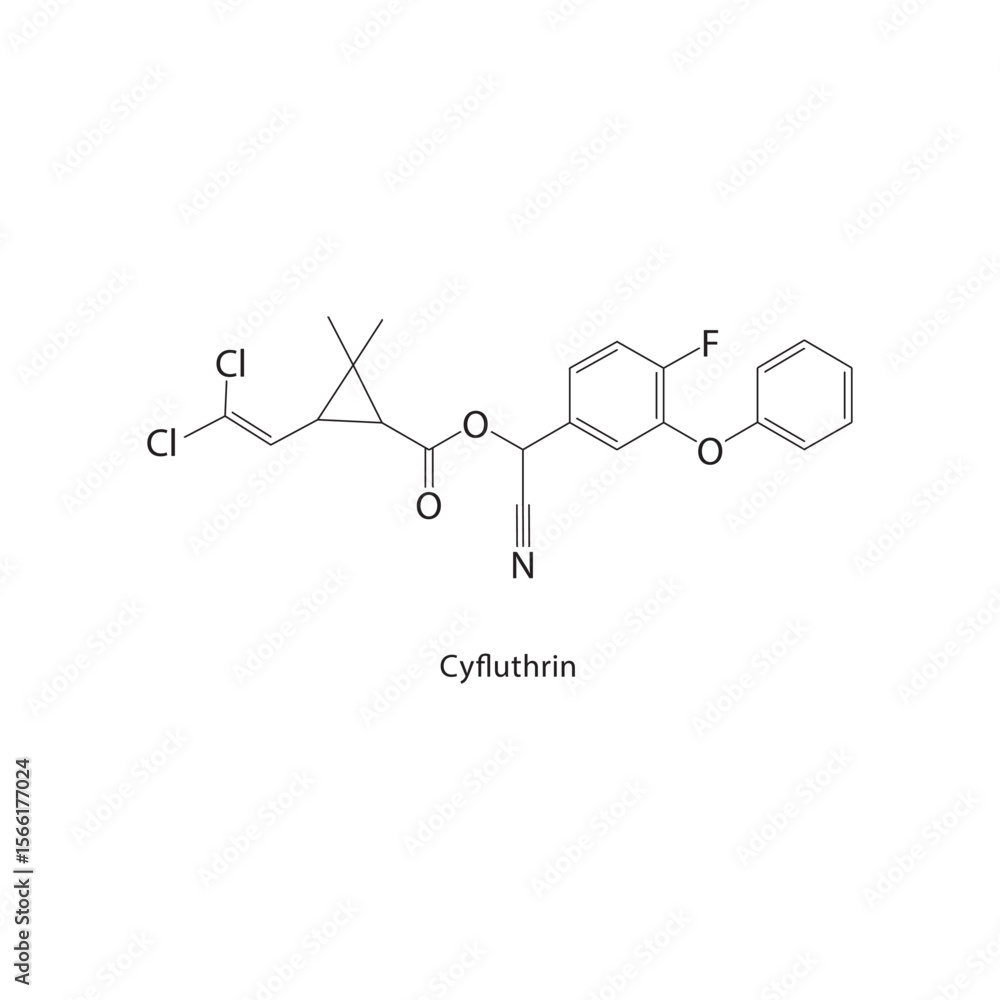 Fototapeta premium Cyfluthrin skeletal structure. Insecticide compound schematic illustration. Simple diagram, chemical formula.