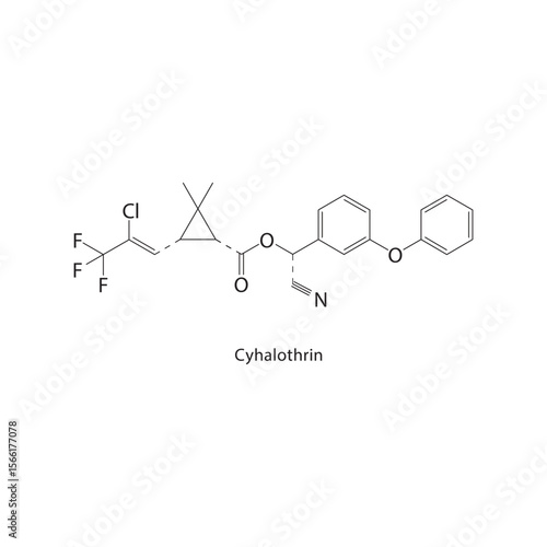 Cyhalothrin skeletal structure. Insecticide compound schematic illustration. Simple diagram, chemical formula.