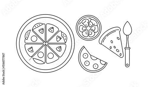 Simple outline drawing of a whole pizza sliced with toppings and a spoon