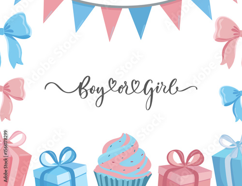 Gender reveal background Boy or girl Presents bows muffin decorations
