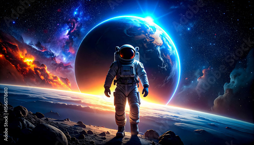 An astronaut in a spacesuit in space among planets. The planet is on a black background of space, the sun rises and illuminates the edges of the planet like a coronal glow