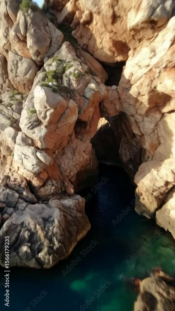 Rocky cliffs forming a natural archway over turquoise sea water on a sunny day with blue skies Rocky cliffs forming a natural archway over turquoise sea water on a sunny day with blue skies