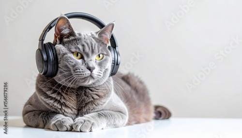ヘッドホンを付けて音楽を聴いている猫