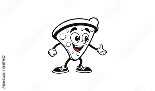Happy cartoon slice of pizza with eyes and mouth wearing a chef hat and shoes