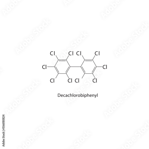 Decachlorobiphenyl skeletal structure. Chlorinated hydrocarbon compound schematic illustration. Simple diagram, chemical formula.