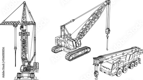 a schematic diagram of a tower crane, a crawler crane and a truck crane, black and white background

